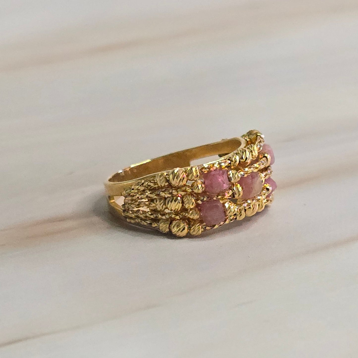 Lattice Band Ring — 21K Solid Gold with Pink Tourmaline Beads