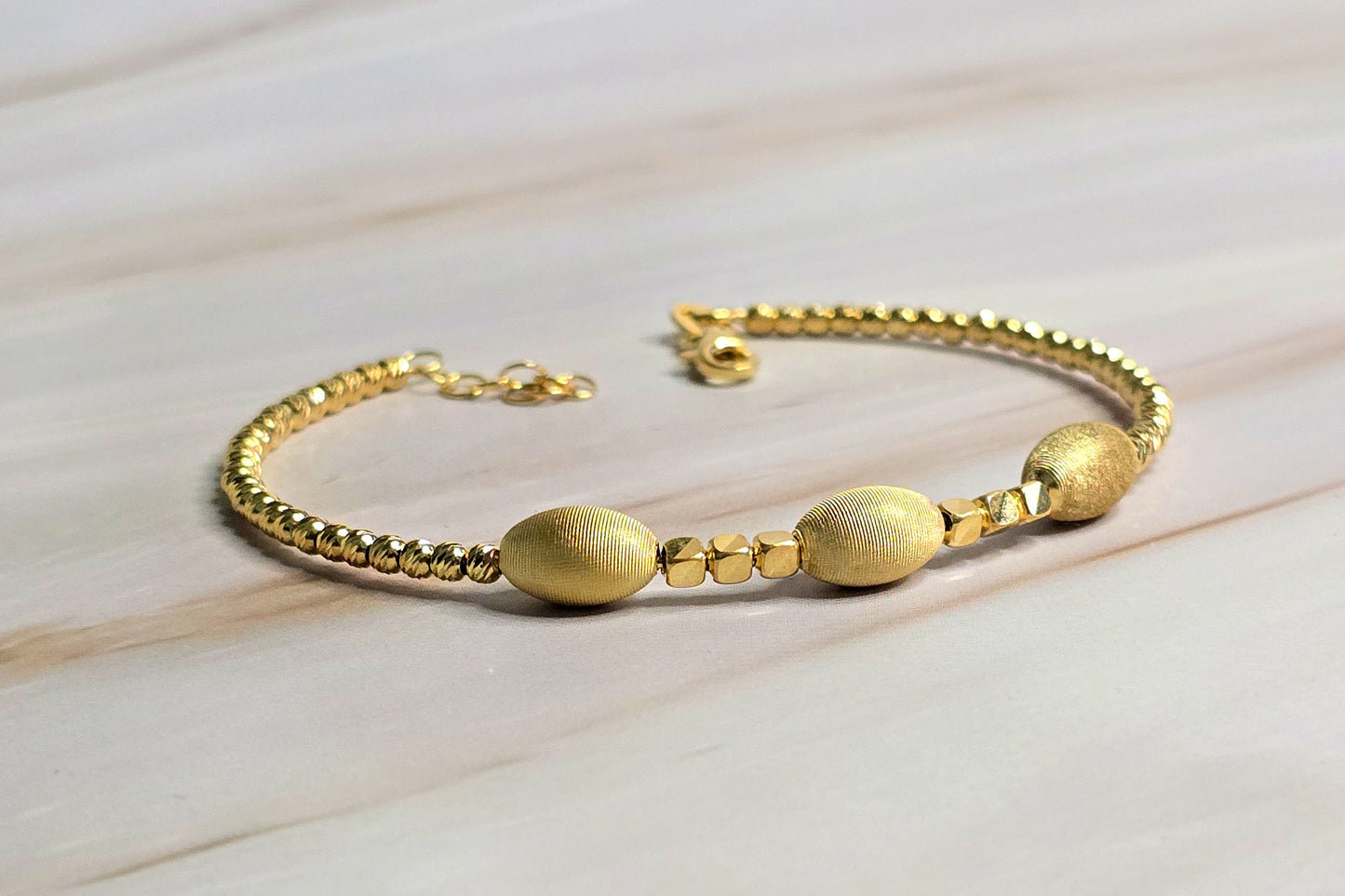 Matte Bead Bracelet — Alternating Oval & Cube Links in Gold-Plated Silver