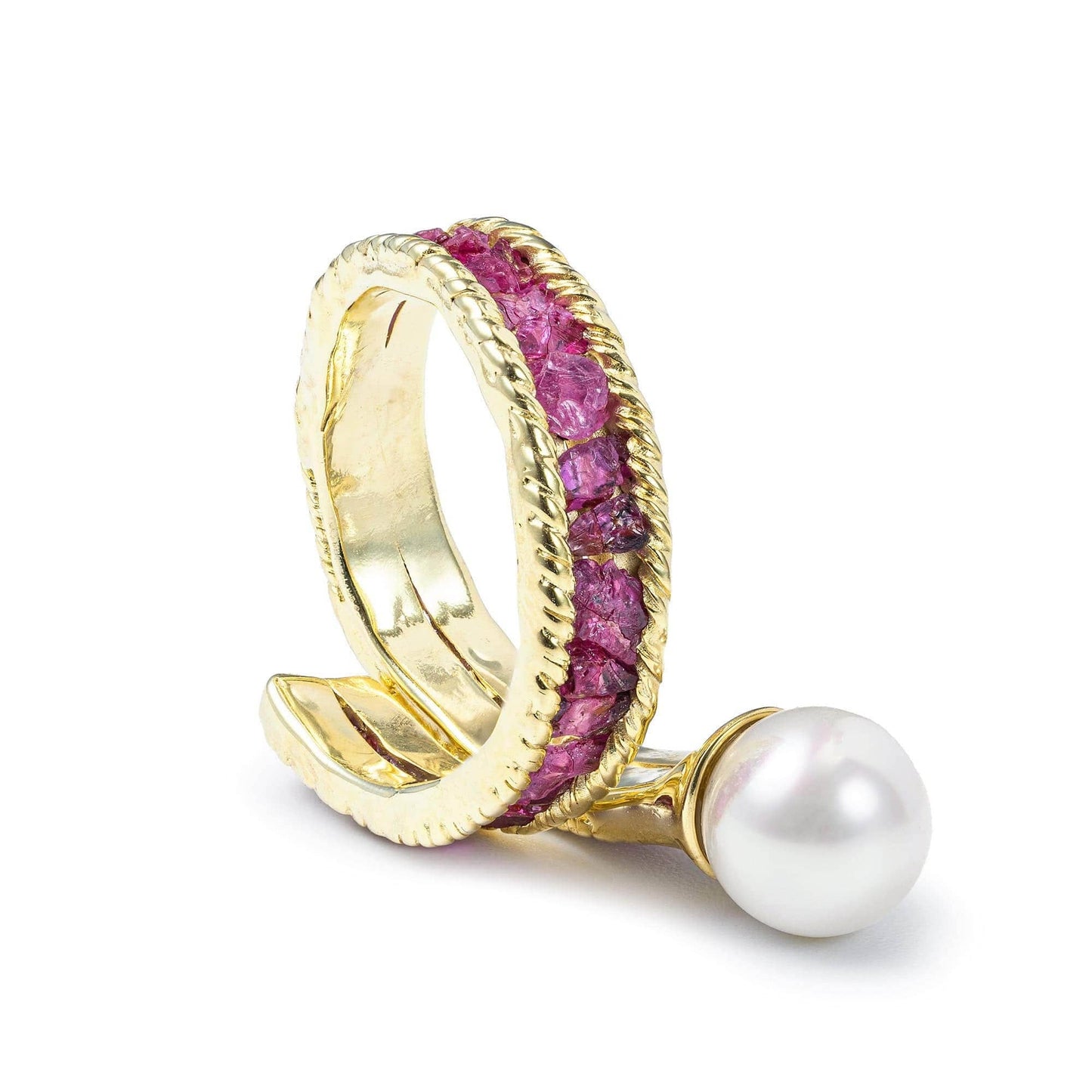 Rhea Gold Plated Silver Ring with Raw Rubies & Pearl