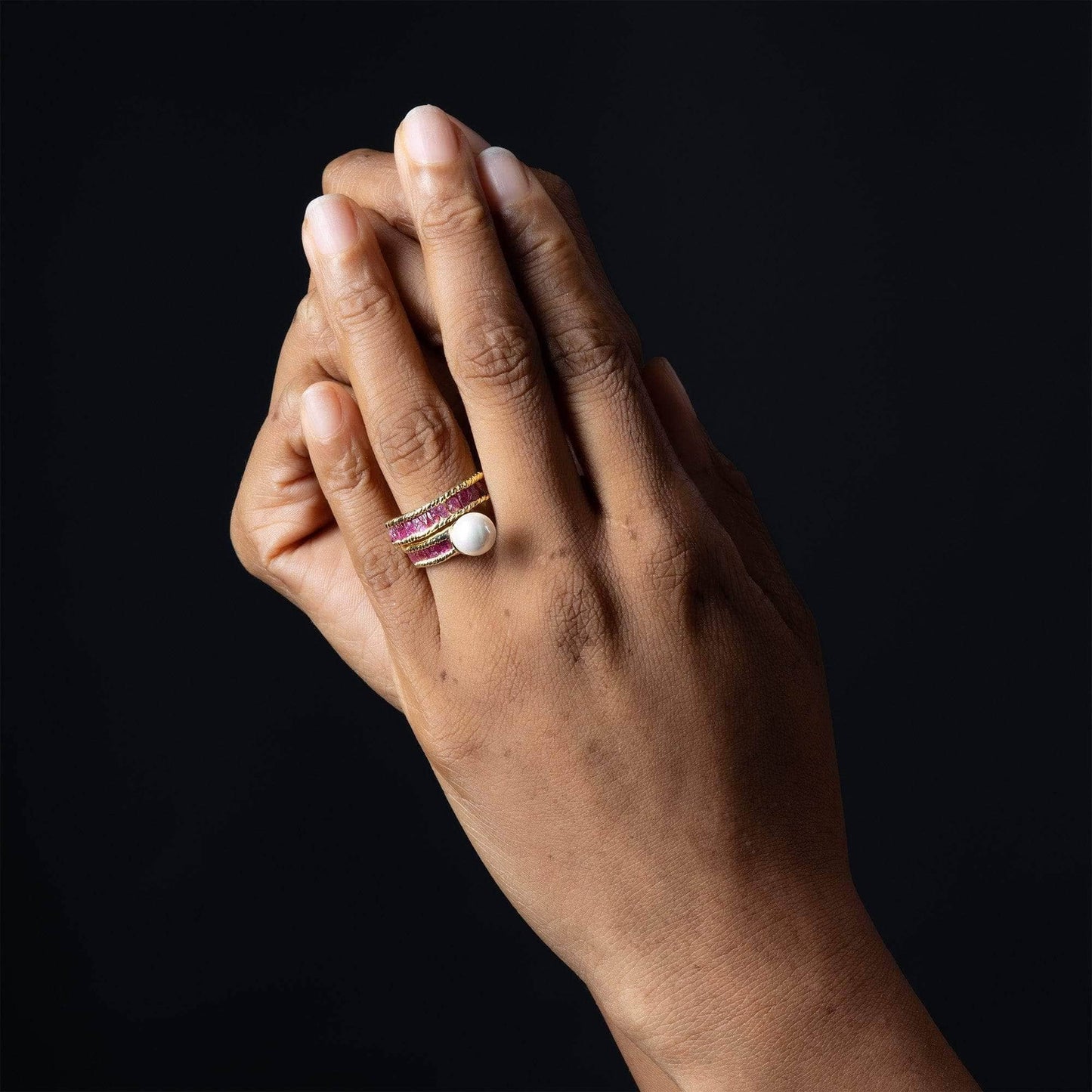 Rhea Gold Plated Silver Ring with Raw Rubies & Pearl