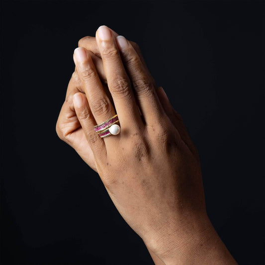 Rhea Gold Plated Silver Ring with Raw Rubies & Pearl