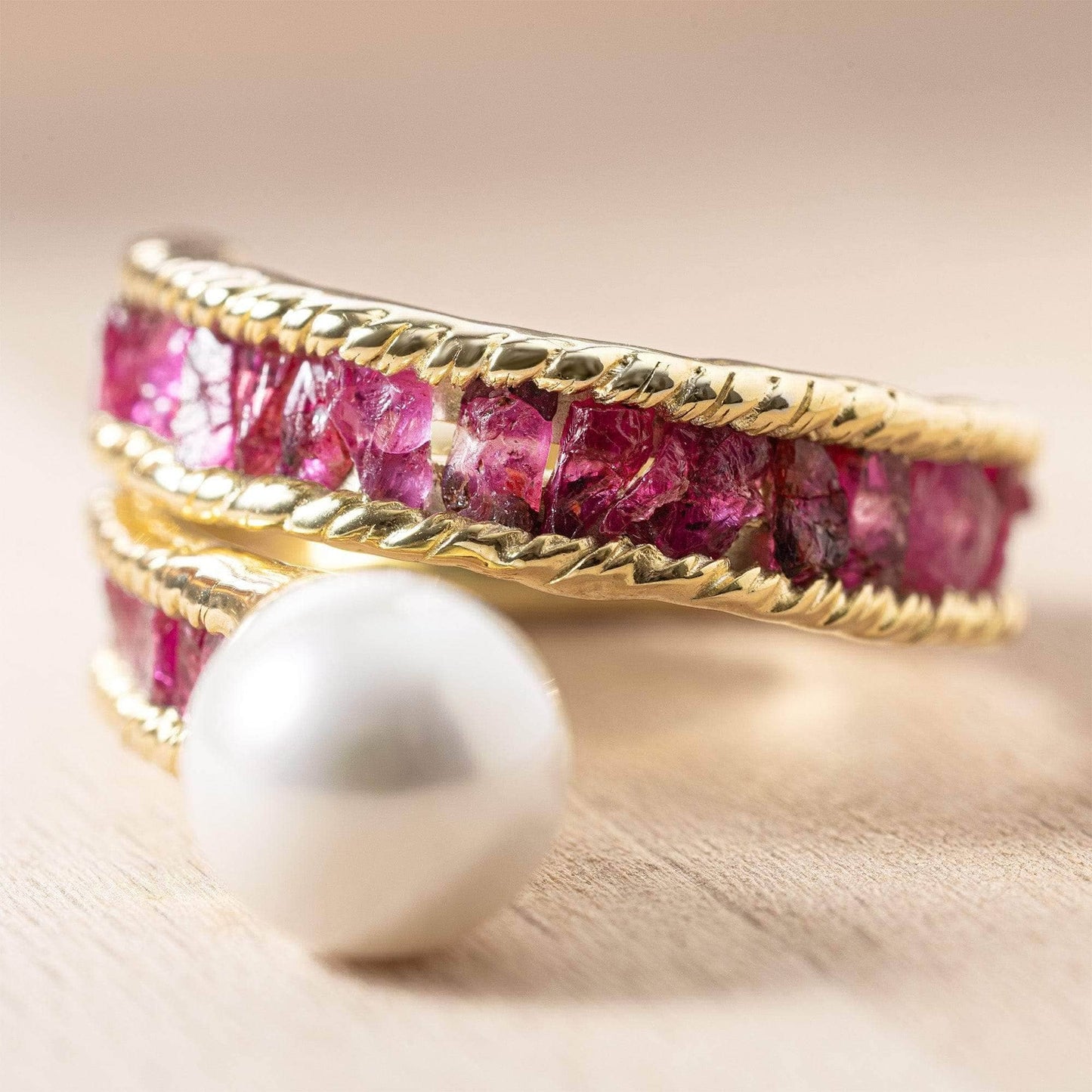 Rhea Gold Plated Silver Ring with Raw Rubies & Pearl