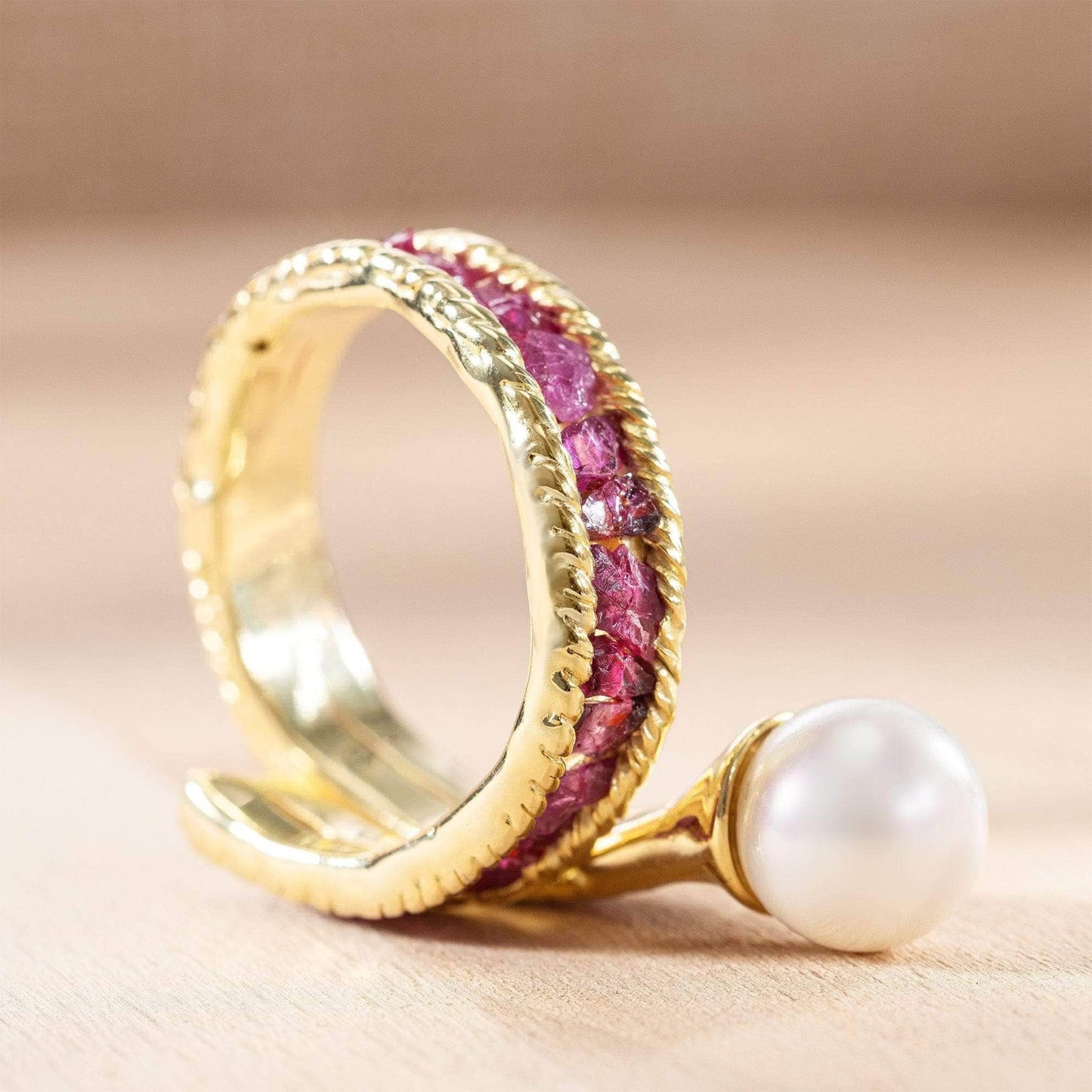 Rhea Gold Plated Silver Ring with Raw Rubies & Pearl