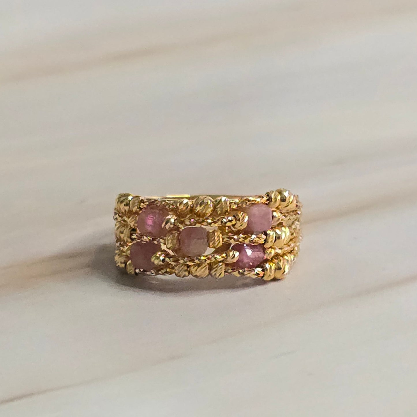 Lattice Band Ring — 21K Solid Gold with Pink Tourmaline Beads