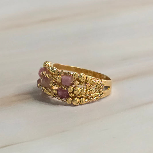 Lattice Band Ring — 21K Solid Gold with Pink Tourmaline Beads