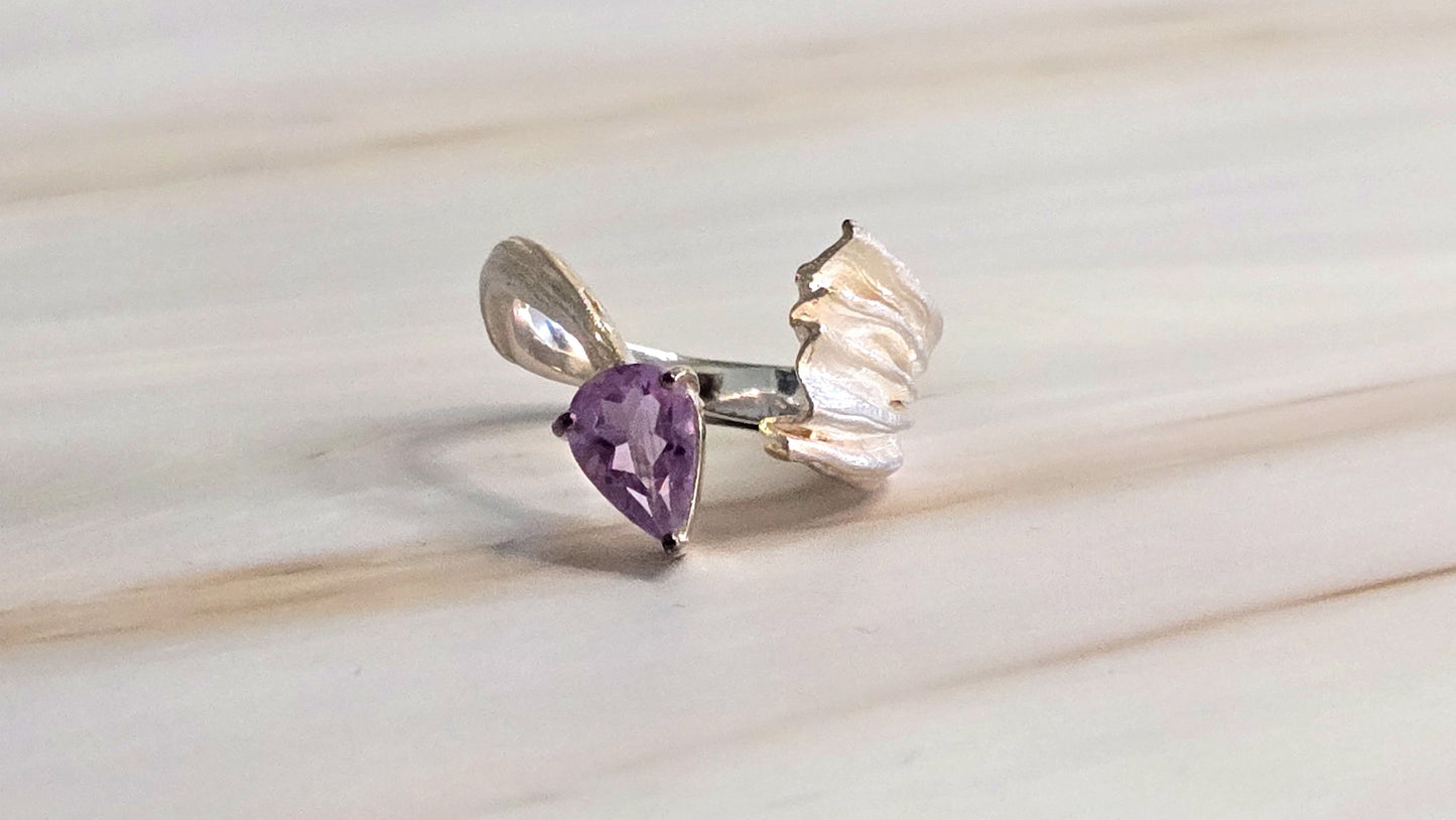 Alecto open band sterling silver 925 ring with pear cut natural amethyst by German Kabirski - top view showing sculptural detail