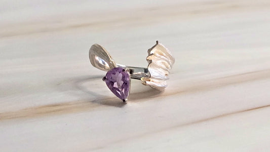 Alecto open band sterling silver 925 ring with pear cut natural amethyst by German Kabirski - top view showing sculptural detail