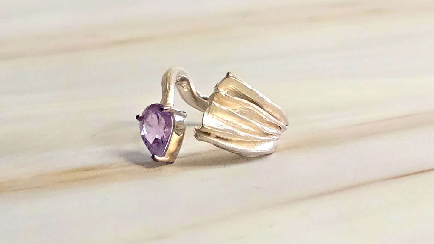 Alecto open band sterling silver 925 ring with pear cut natural amethyst by German Kabirski - side view showing textured end