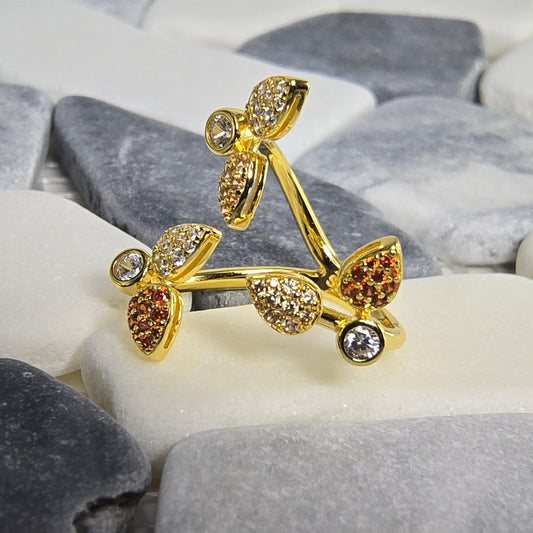 Three-Stone Crystal Ring — White, Garnet & Gold | Luminae in 925 Silver