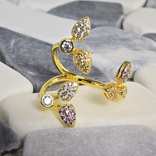 Three-Stone Crystal Ring — White, Amethyst & Gold | Luminae in 925 Silver