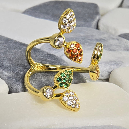 Three-Stone Crystal Ring — White, Garnet & Green | Luminae in 925 Silver